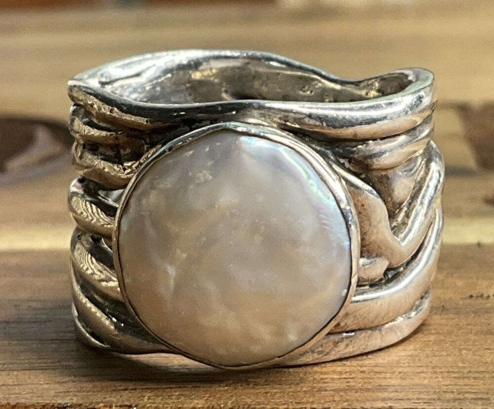 Retired Silpada Mermaid White Coin Pearl Sterling Silver Woven Band Ring Size 7